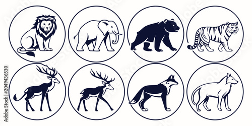Photography Collection of various wild animals in circular badges with elephant wildlife col