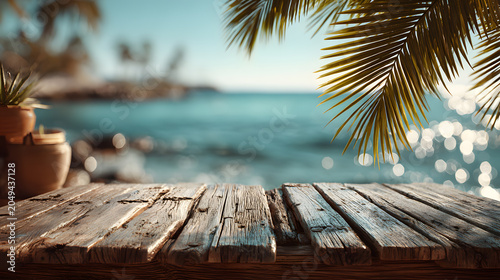 Empty wooden table platform with blur blue sea background and palm leaves for product display