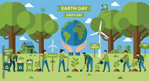 Photos Eco-friendly scene with people planting trees and recycling
