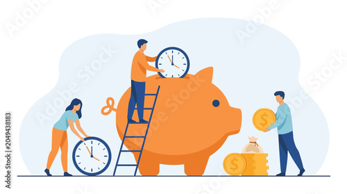 Professional people managing time and saving money in a flat vector graphic style business illustration