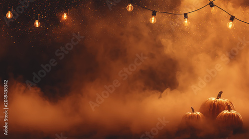 Halloween background smoky orange pumpkin light string fog dark spooky autumn night glow with mist and warm eerie ambiance