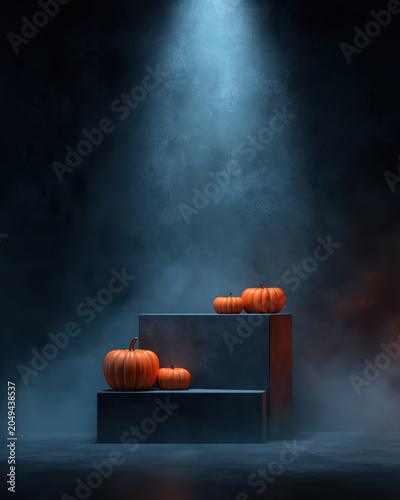Halloween pumpkin podium dark spotlight smoke scene with orange pumpkin on minimal stage dramatic moody atmosphere