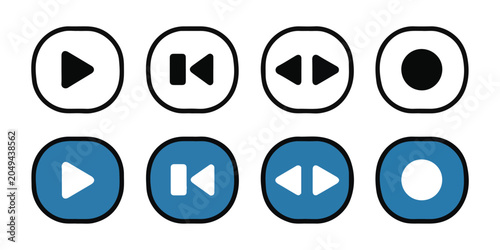Картината върху платно Blue and black circular buttons for media playback including play pause and rewind