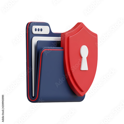 3D Icon of a Secured Folder with Shield and Keyhole