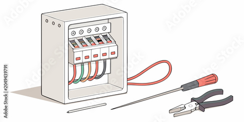 Cuadro en lienzo Illustration of an open electrical distribution box with circuit breakers and wi