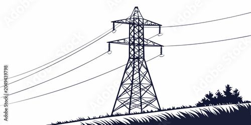 Valokuva Vector illustration of a single pylon transmitting electricity over a grassy lan