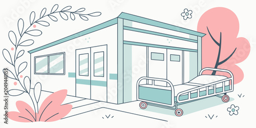 Schilderij op canvas Modern temporary medical clinic building with outdoor hospital bed and nature el