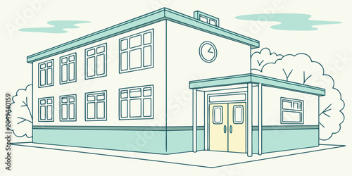 Obraz na płótnie Classic two-story school building exterior with clock main entrance green bushes