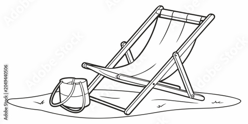 Foto Folding wooden beach chair with tote bag on sandy ground outline illustration de