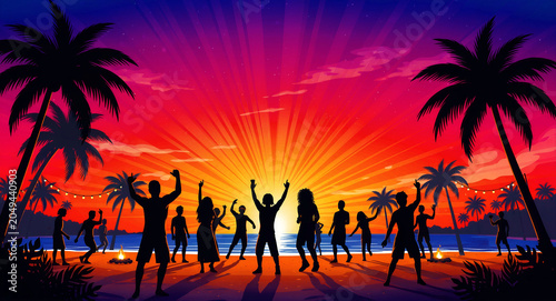 Silhouettes of people dancing on a tropical beach at sunset with a sunburst background. Vibrant digital illustration of a summer beach party. Celebration concept for music festival posters.