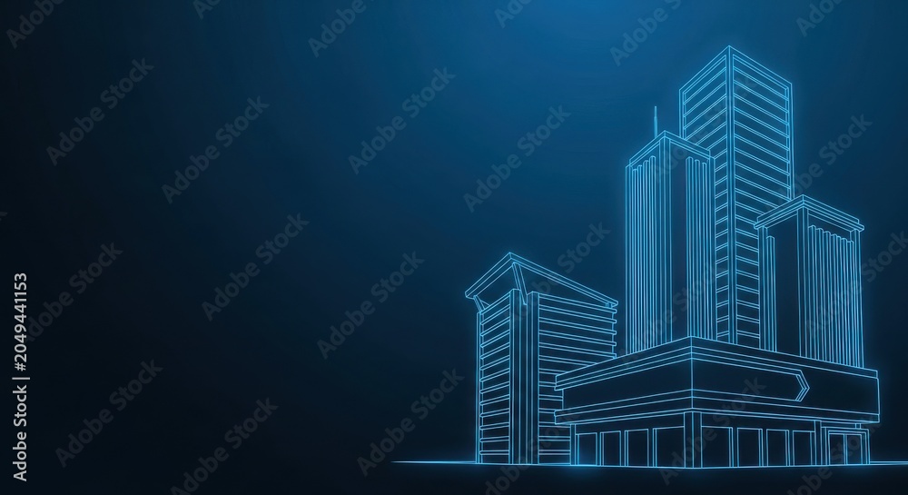 Fototapeta Modern architectural blueprints showcasing city skyscrapers in a digital neon outline