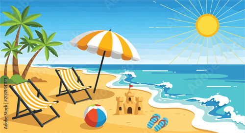 Konstfotografi A beach scene with palm trees, chairs, umbrella, and ocean