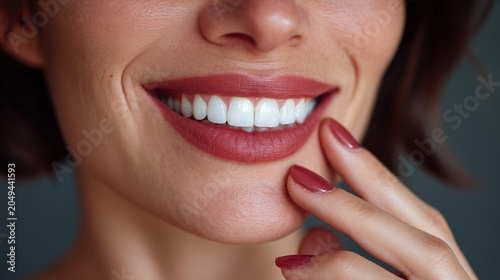 Close-up of a woman showing healthy white teeth and lipstick with dentistry lipstick cosmetic