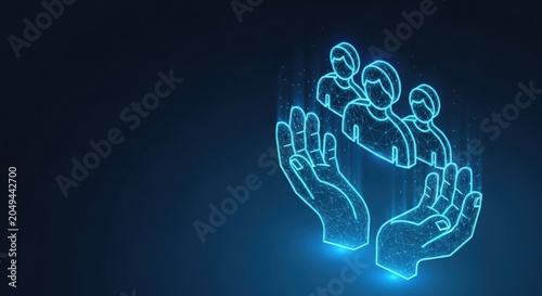 Digital team support illustration with a glowing hand protecting a group of people, symbolizing community and care.