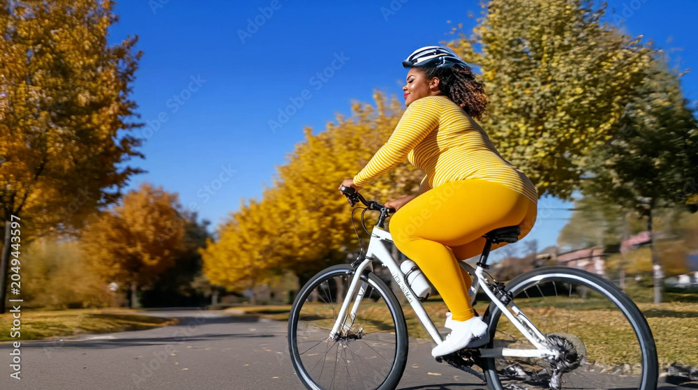 Fototapeta premium Confident Plus-Size Woman Enjoying a Bicycle Ride on a Crisp Autumn Morning. Generated image