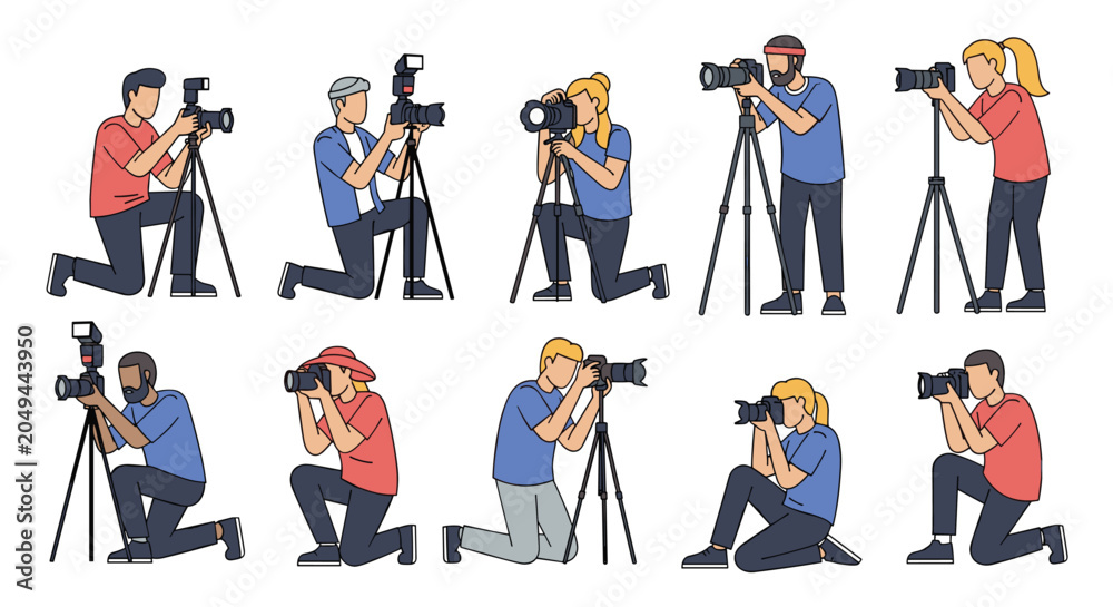 Fototapeta premium Set of professional photographers in different active poses using cameras on tripods to capture high quality images.