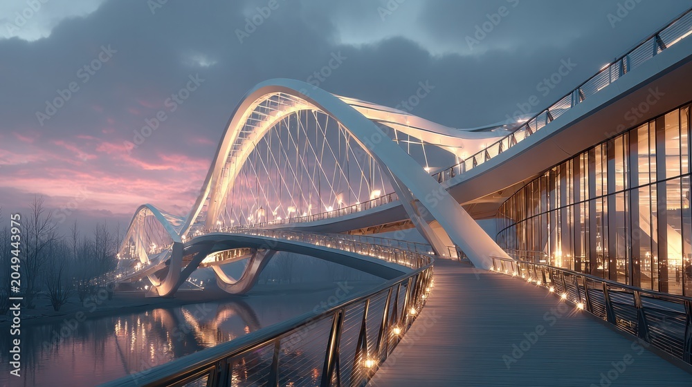 Fototapeta premium futuristic bridge at dusk with illuminated walkway