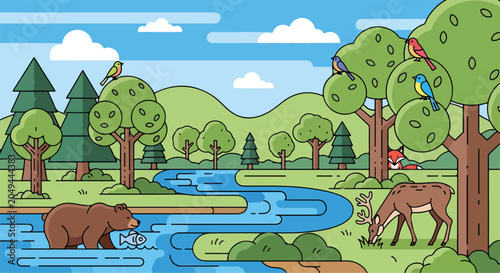 Foto A bear catches a fish in a serene forest river landscape