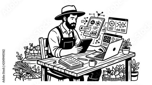 Farmer using technology for modern agriculture, data analysis for crop management