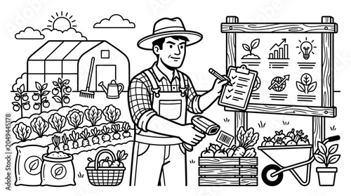 Farmer with technology and produce, business growth, agriculture concept