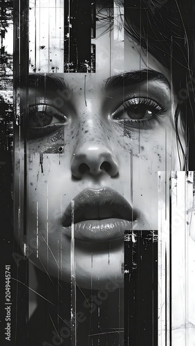 A woman's face with a distorted, glitchy effect applied