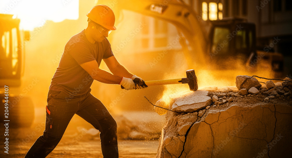 Fototapeta premium Construction worker hitting concrete with a sledgehammer at a demolition site. Laborer in a hard hat works during a golden sunset. Infrastructure development concept for industry ads.