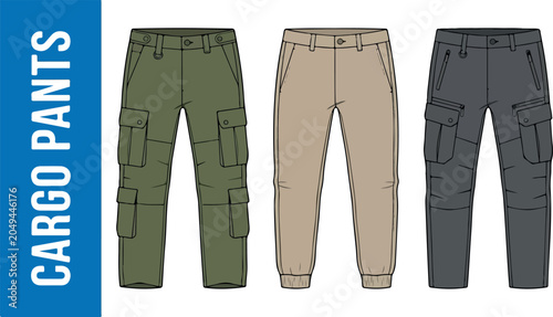 Three pairs of cargo pants displayed side by side