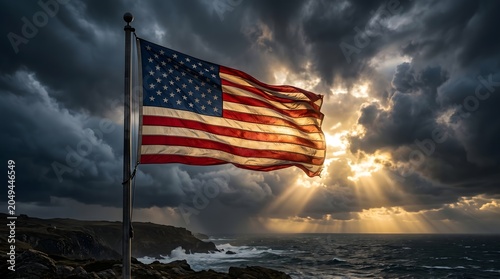 American flag waving on rocky coast with dramatic stormy sky