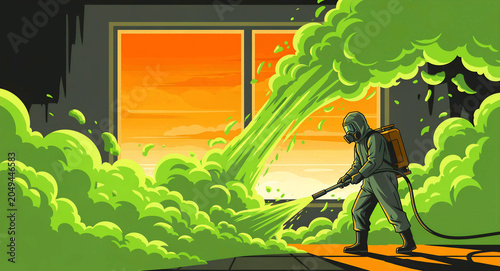 Person in hazmat suit spraying toxic green gas. Exterminator wearing a gas mask performing decontamination in a factory. Biohazard and environmental crisis concept for safety training and response.