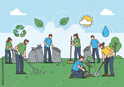 Fotografija People cleaning and planting on green field