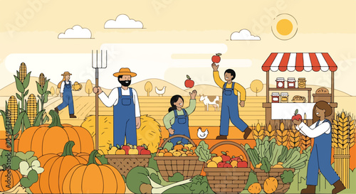 Tableau sur toile Farmers harvesting produce in a vibrant autumnal field