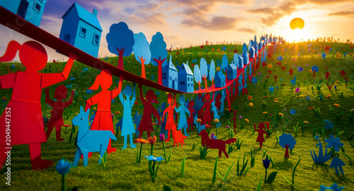 Paper cutouts of people supporting a neighborhood on a red ribbon. Artistic paper-craft world in a lush flower meadow at sunset. Community support and unity concept for social marketing.