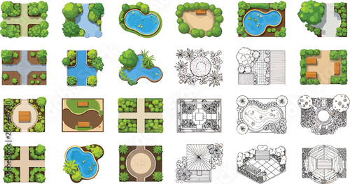 Top view park and garden landscape elements set with ponds trees paths and benches in vector illustration