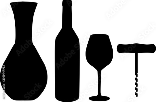 Foto Black wine accessories set with bottle, glass, and corkscrew