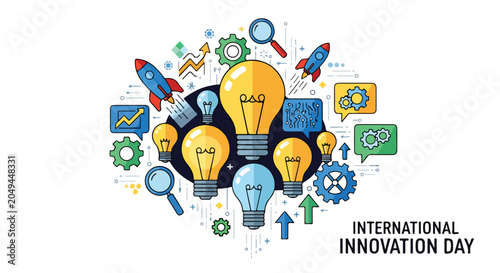 Tableau sur toile A colorful illustration celebrating innovation with lightbulbs and symbols