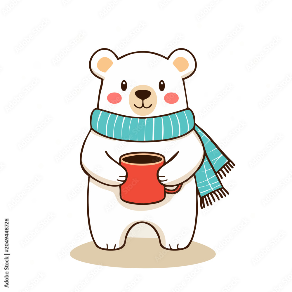 Fototapeta premium Cute polar bear wearing a scarf holding a hot drink