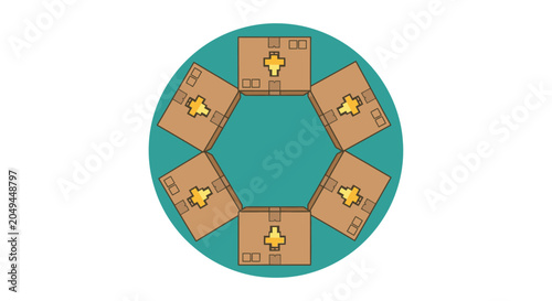 Six brown cardboard boxes with golden cross symbols arranged hexagonally on a teal circle, symbolizing global shipping, logistics, and delivery services.
