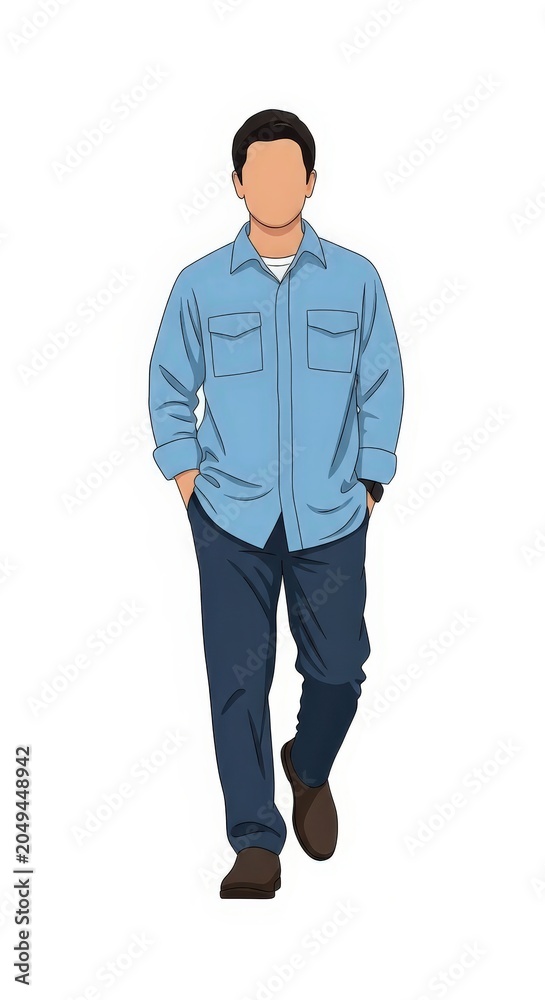 Fototapeta premium Marine biologist man walking with simple facial expression, hands in pockets, relaxed standing pose, casual outfit