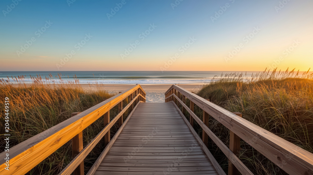 Fototapeta premium Scenic coastal boardwalk leading toward untouched sandy beach at sunrise with warm light