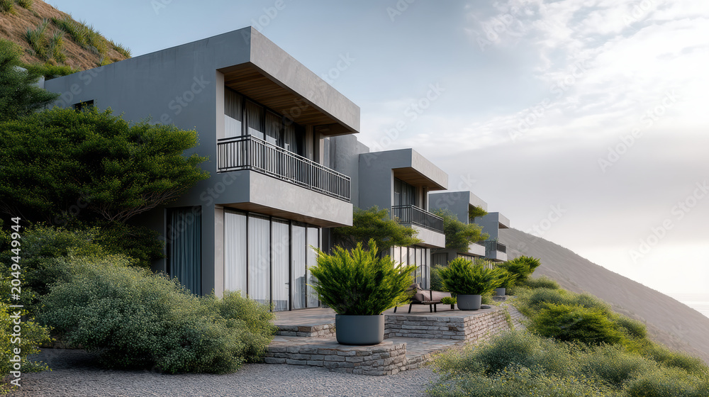 Fototapeta premium Modern villa coastal architecture hillside balcony ocean view glass window concrete landscape with terraced garden at dawn