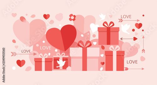 Photos A pink and red Valentine's Day graphic with hearts and gifts