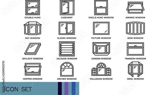 Print Architectural Window Types Black Line Icons - Minimalist Vector Set for Property Remodeling House Plan Blueprints Construction Elevation and Interior Architecture Framing