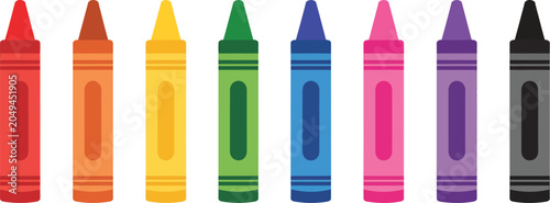 colorful crayons arranged in a row flat vector illustration on white background, rainbow drawing crayon set for kids education, art class activities, creative learning materials, vibrant stationery ve
