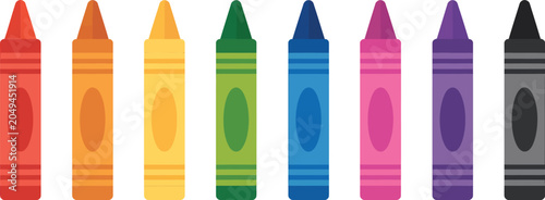 colorful crayons arranged in a row flat vector illustration on white background, creative school supplies collection, children's art materials, classroom stationery graphics, bright coloring tools, mo