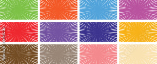 Colorful Radial Sunburst Background Collection with Dynamic Burst Rays. Vibrant Comic Style Starburst Frames Featuring Multicolor Speed Lines, Retro Explosion Effects, and Abstract Graphic Design Set