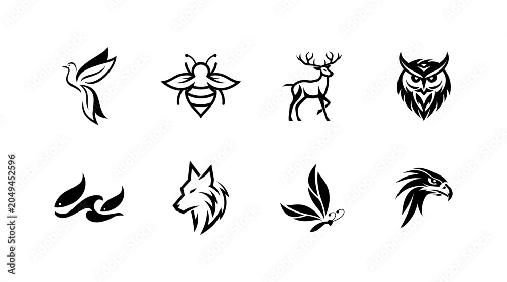 Fototapeta premium Set of animal and insect logos, minimalist black and white vector icons of bird, bee, deer, owl, fish, wolf, butterfly and eagle