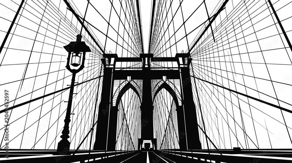 Fototapeta premium Detailed vector illustration of a suspension bridge featuring sharp geometric lines and a classic lamp
