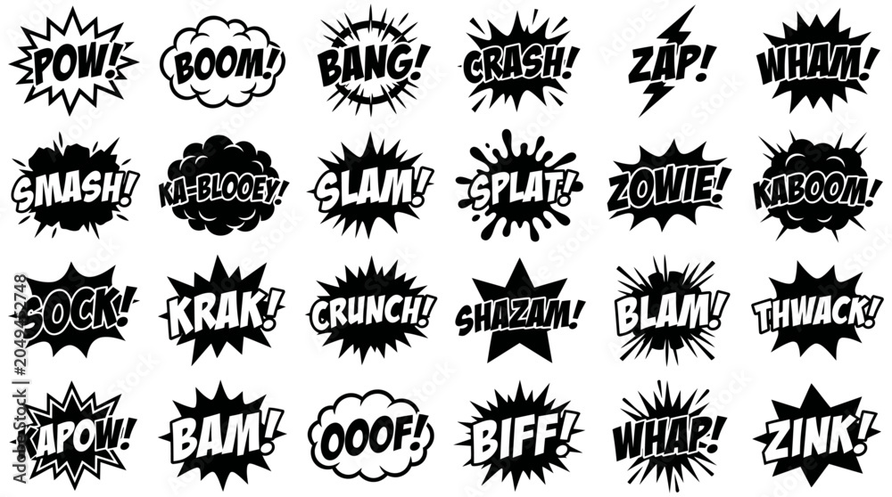 Obraz premium Vector set of comic speech bubbles silhouette with onomatopoeia sound effects. Retro cartoon explosion design elements for graphic design