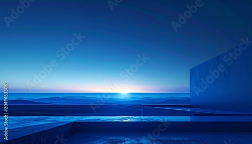 Deep blue horizon glow, minimalist sunrise-inspired abstraction, spacious executive layout background