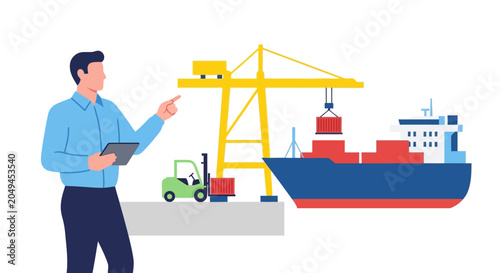 Foto Logistics manager inspecting cargo ship loading with forklift and crane